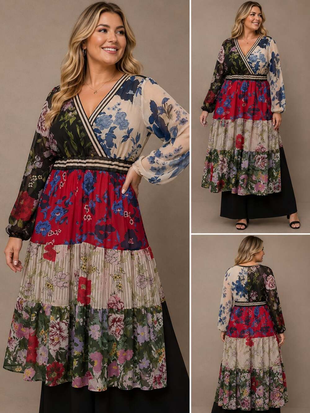 Floral Tiered V-Neck Maxi Dress in Multi-Color